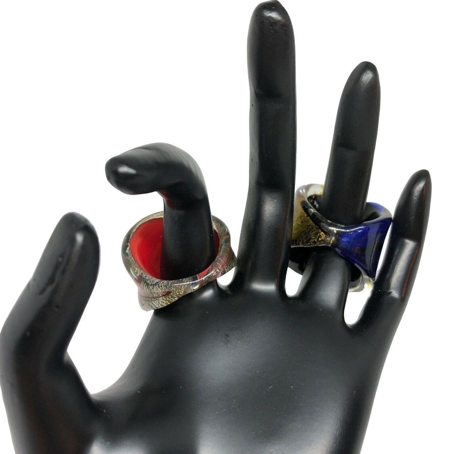 Pair of Size 8.5 Fused Glass Rings Pink Green Blue Gold Silver EUC