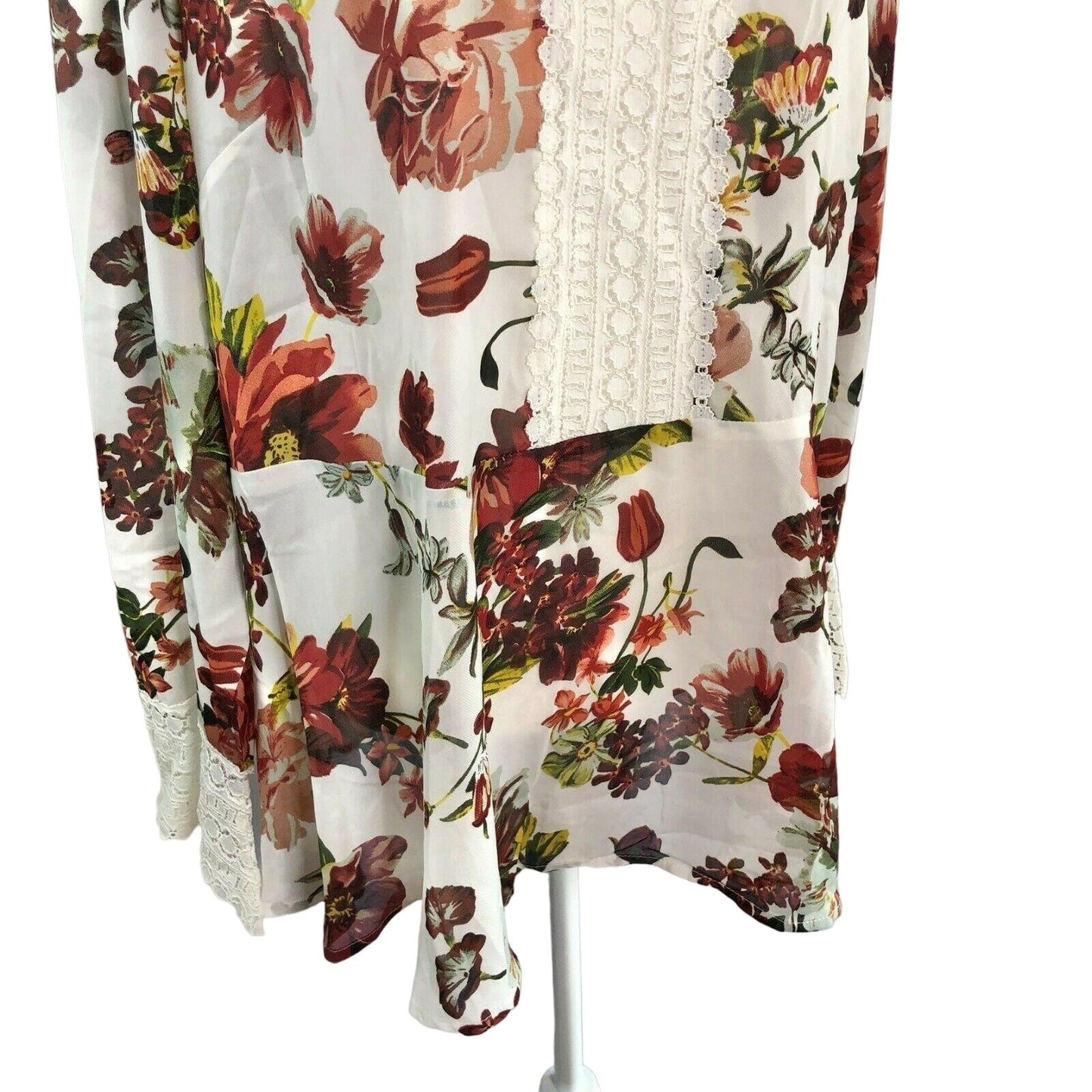 Suzanne Betro 2X Floral High Neck Lace Trim Peplum Top Red White LS NWT