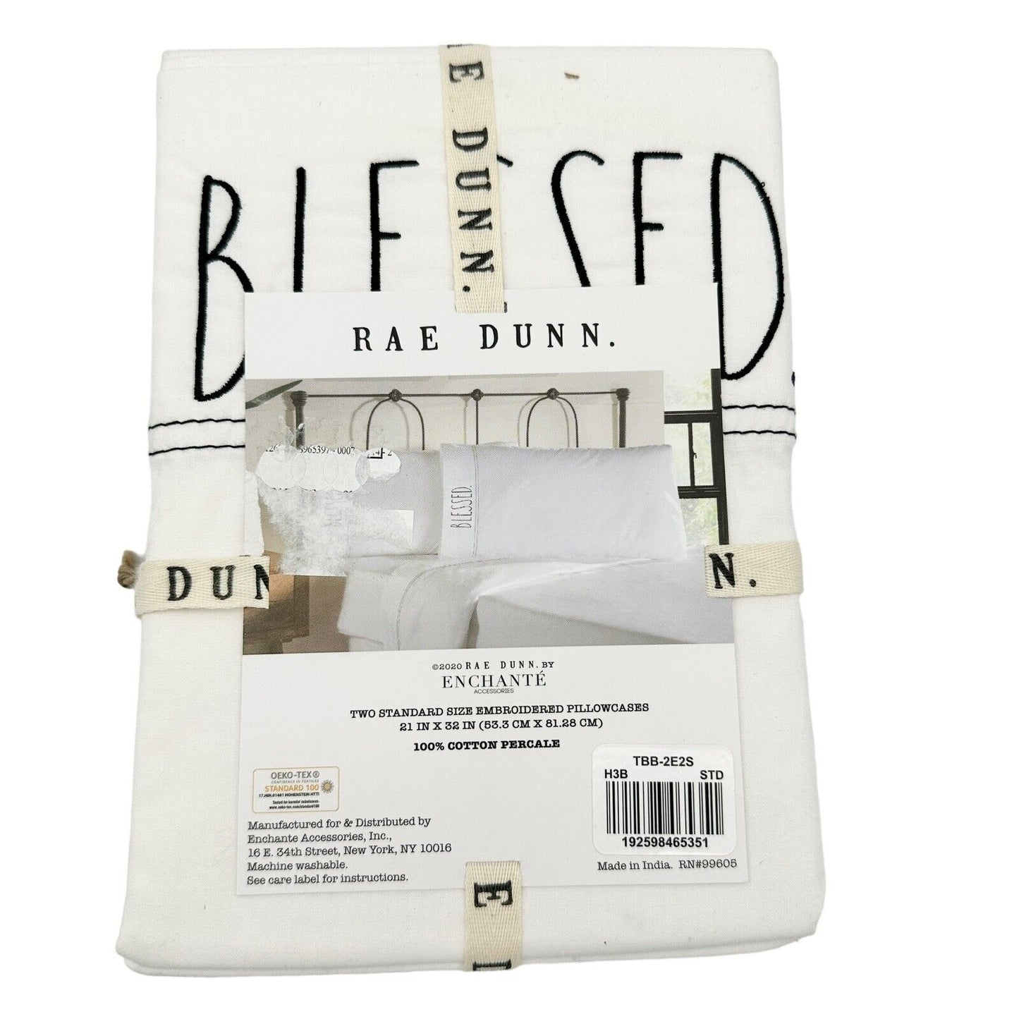 Rae Dunn by Enchante Two BLESSED Embroidered Pillowcases Standard Size 21x32 NWT