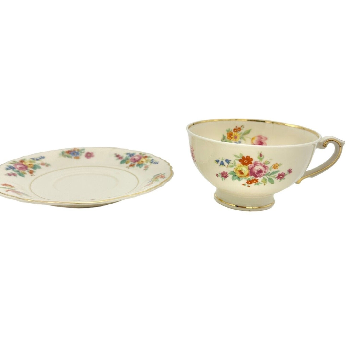 Federal Shape Syracuse China Cup and Saucer 6 inch Cream Flowers Gold Trim
