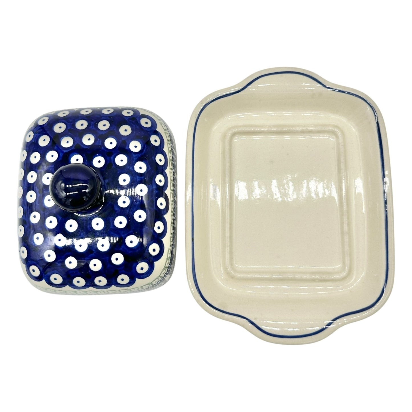 Handmade Boleslawiec Polish Pottery Butter Dish w Lid Blue+White Pattern 8.5 x 6