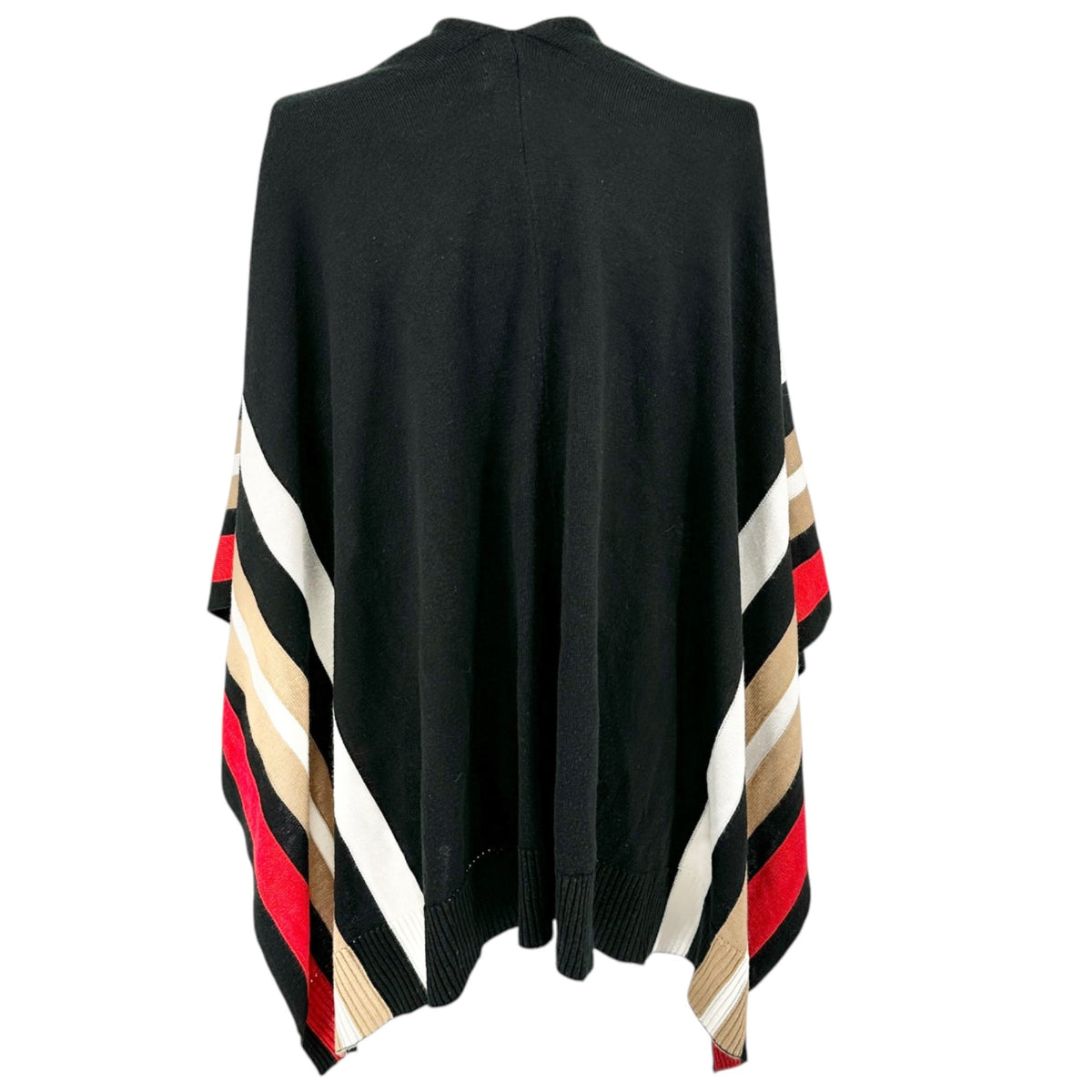 The Limited Open Front Poncho 2X/3X Black Red Tan White Striped Acrylic Knit