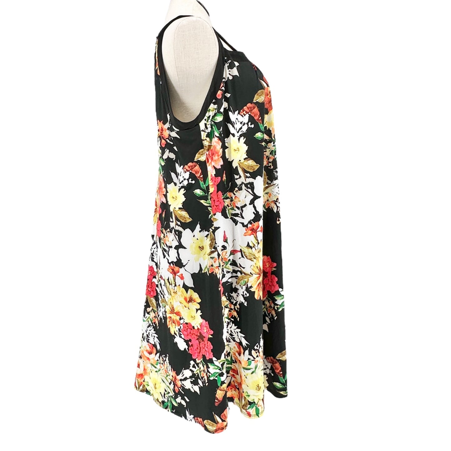 New Directions Dress Womens 1X Black Orange Yellow Flowers Sleeveless Midi EUC