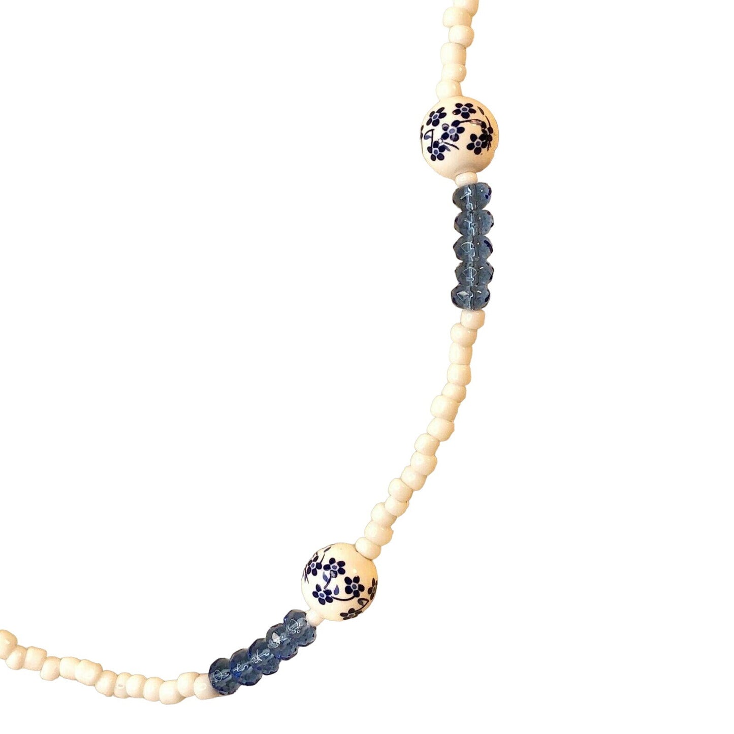 Handcrafted Beaded Necklace White & Blue Beads Floral Glass Ceramic Jewelry NEW