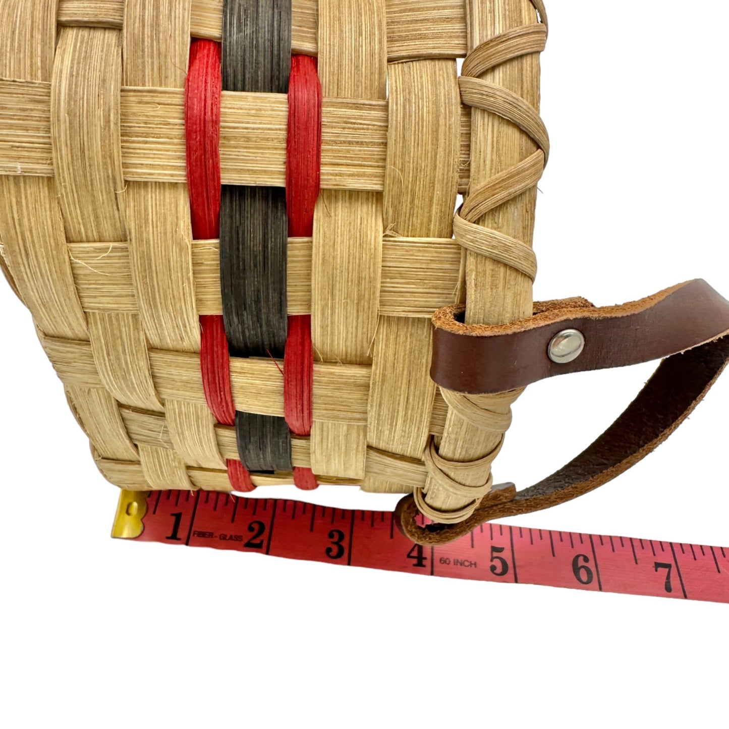 Handmade Basket Bread Basket Red and Green Accent Leather Handles Wood Base