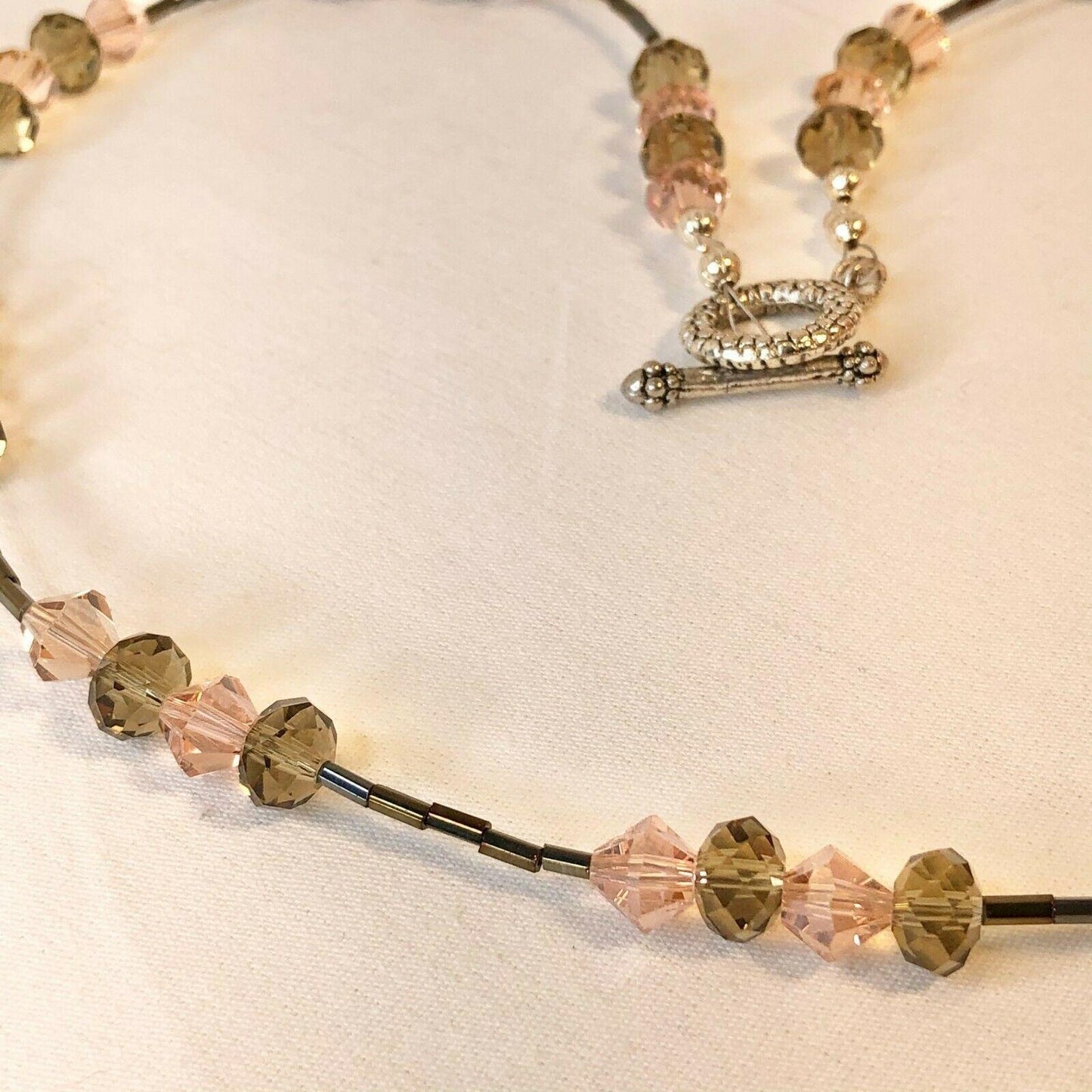 Handcrafted Beaded Necklace Brown & Pink Crystal Beads Simple Long Jewelry NEW