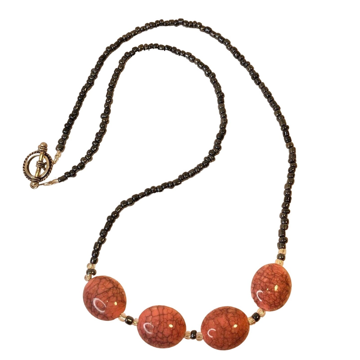 Handcrafted Beaded Necklace Mauve Ceramic Beads With Smaller Pewter Beads NEW