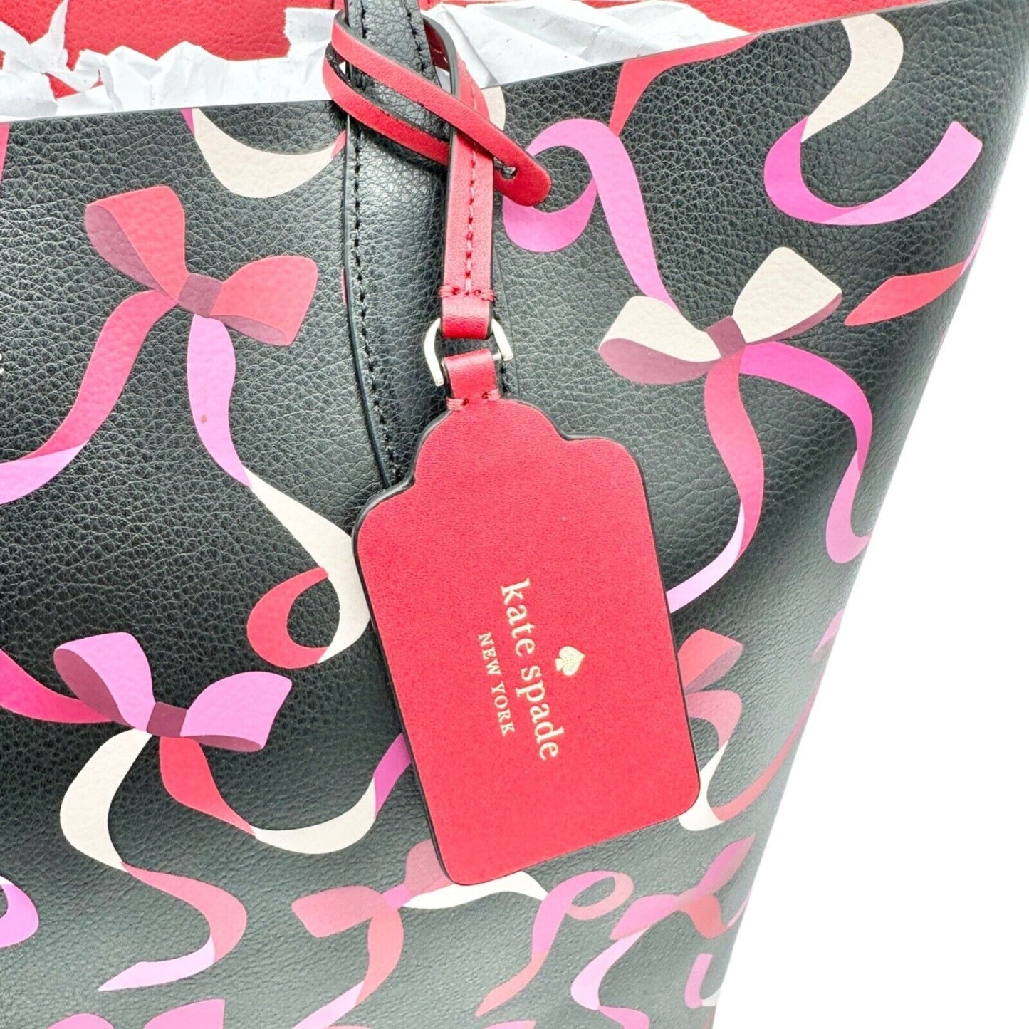 Kate Spade NY Tote Bag Black Pink Wrapping Party Design With Pouch Leather NEW