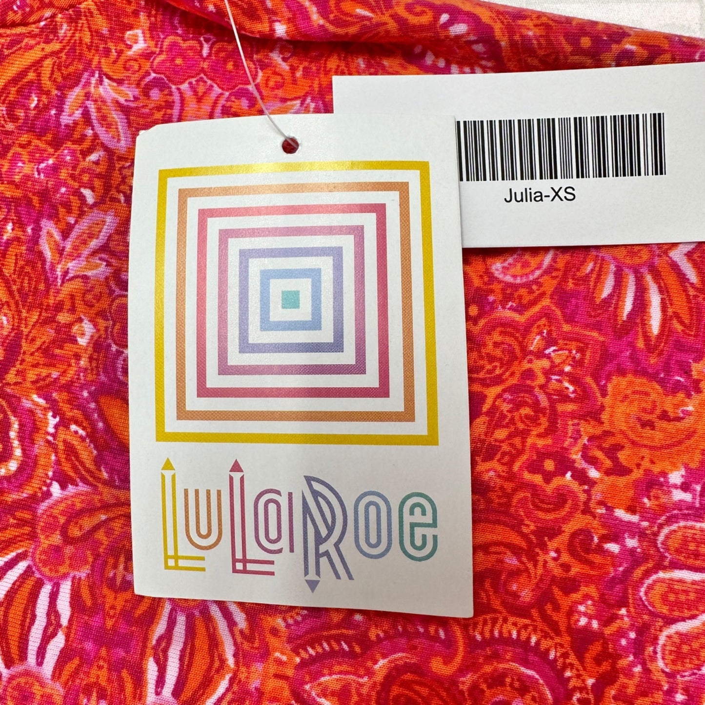 LuLaRoe Retired Julia Dress XS Orange with Fuschia Graphic Print SS Form Fit NWT