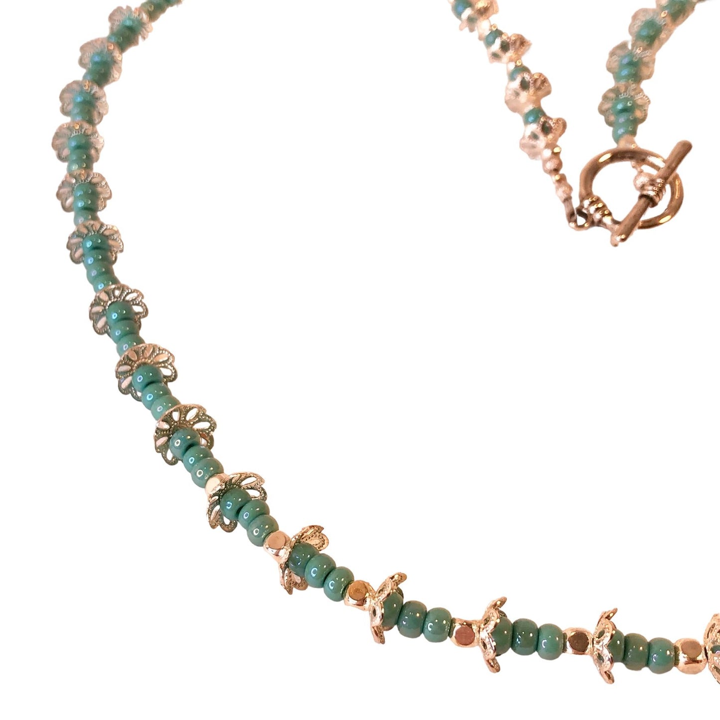 Handcrafted Bead Necklace Teal & Silver Beads Simple Classic Long Beautiful NEW