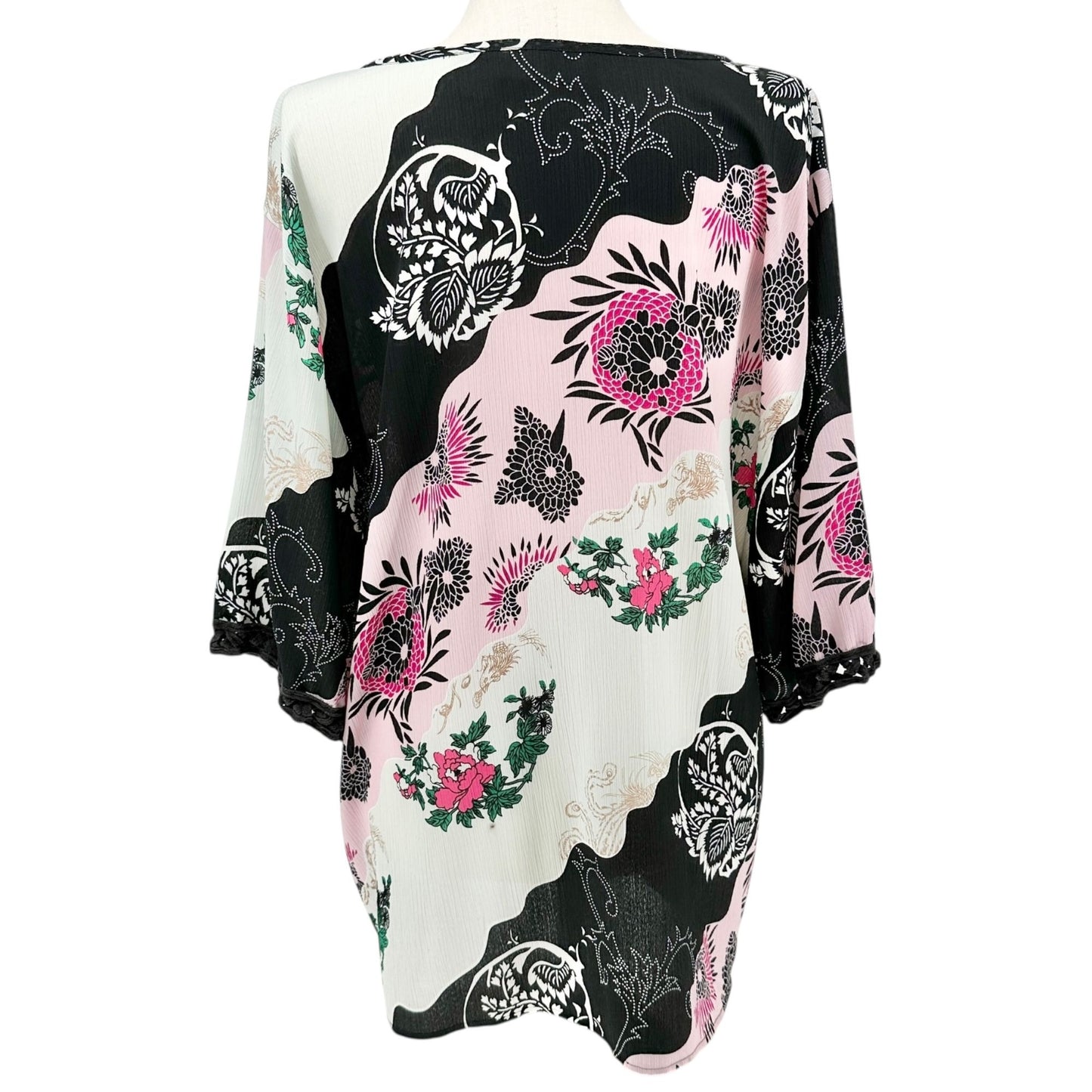 Denim 24/7 Tunic Top Womens 26W Floral Print 3/4 Sleeves Black White Pink Light