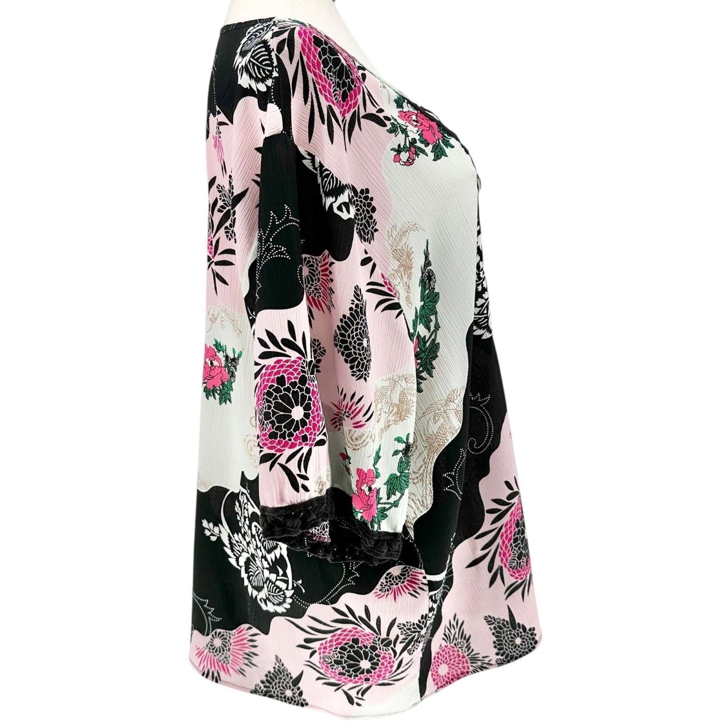 Denim 24/7 Tunic Top Womens 26W Floral Print 3/4 Sleeves Black White Pink Light