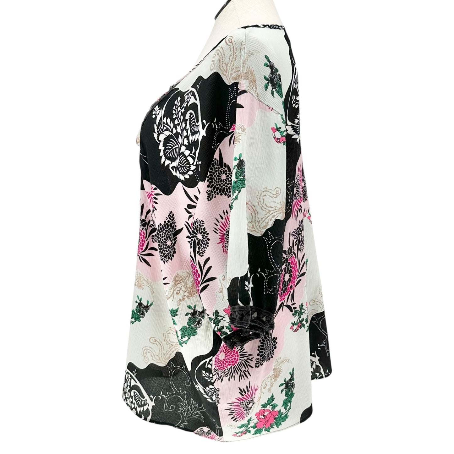 Denim 24/7 Tunic Top Womens 26W Floral Print 3/4 Sleeves Black White Pink Light