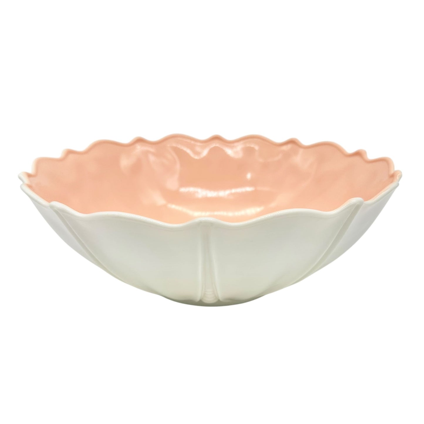 Ceramic Scalloped Edge Serving Bowl 10 Inch Dia Dual Tone Peach & White Finish