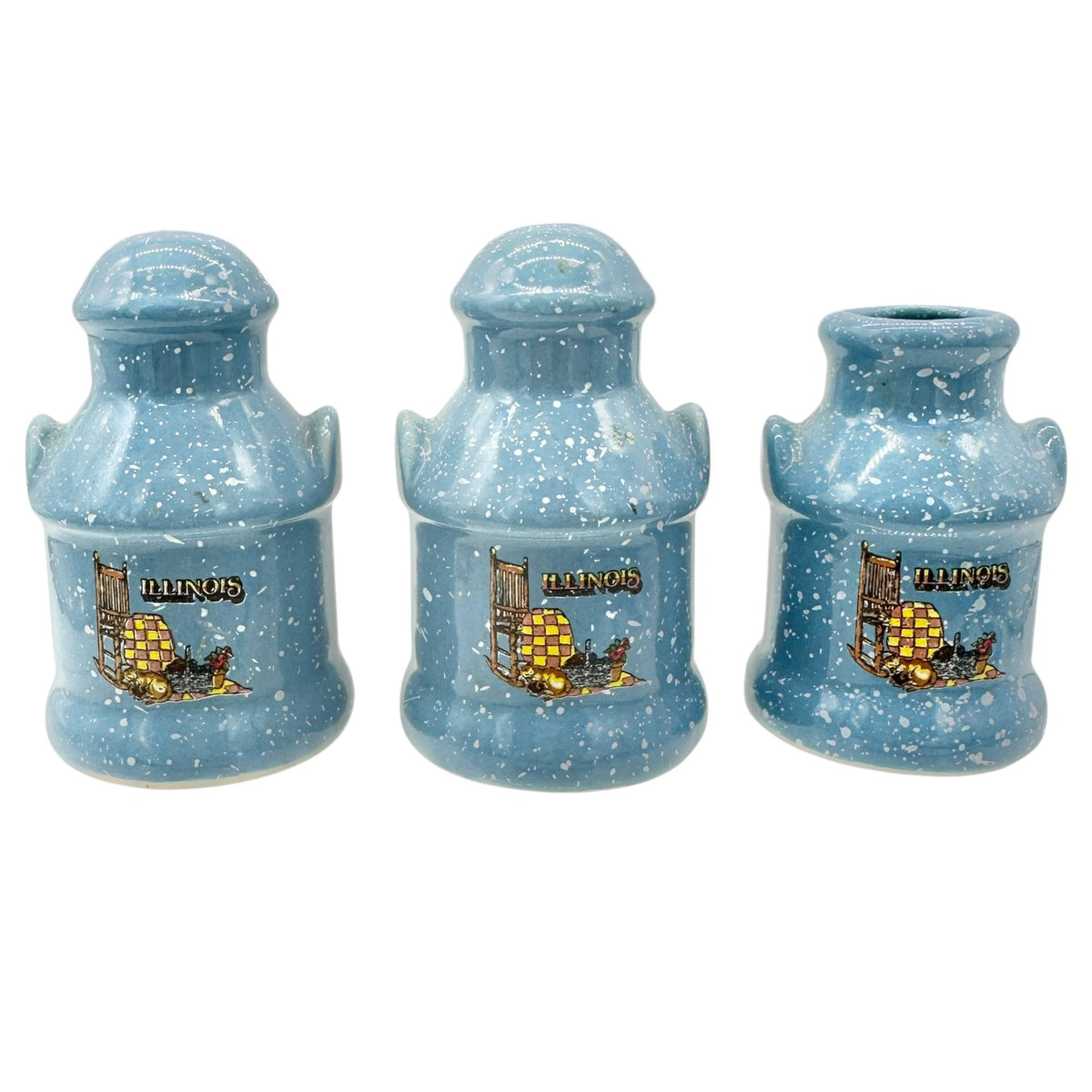 Vtg Illinois Blue Speckled Milk Can 3pc Set Salt Pepper Shakers Toothpick Holder