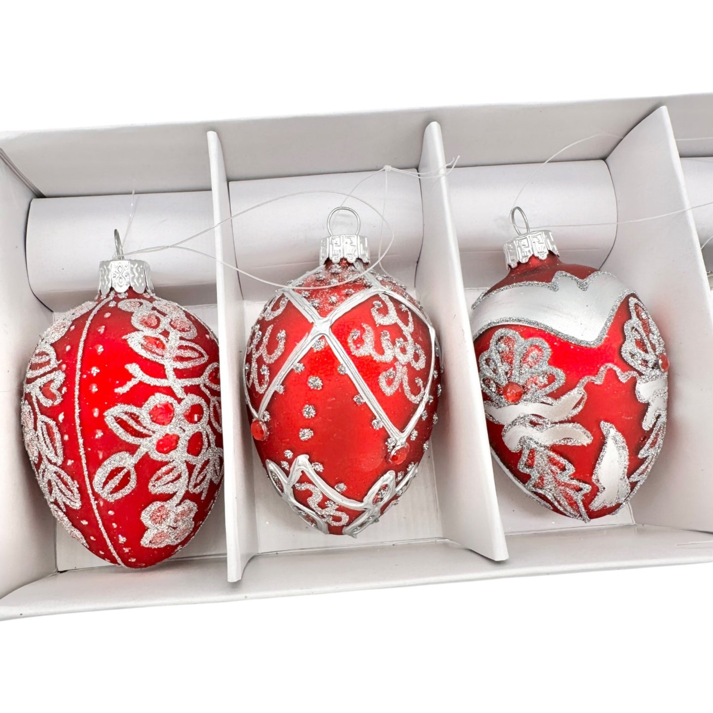 Elegant Red and Silver Glitter Glass Egg-Shaped Christmas Ornaments Set Of 5
