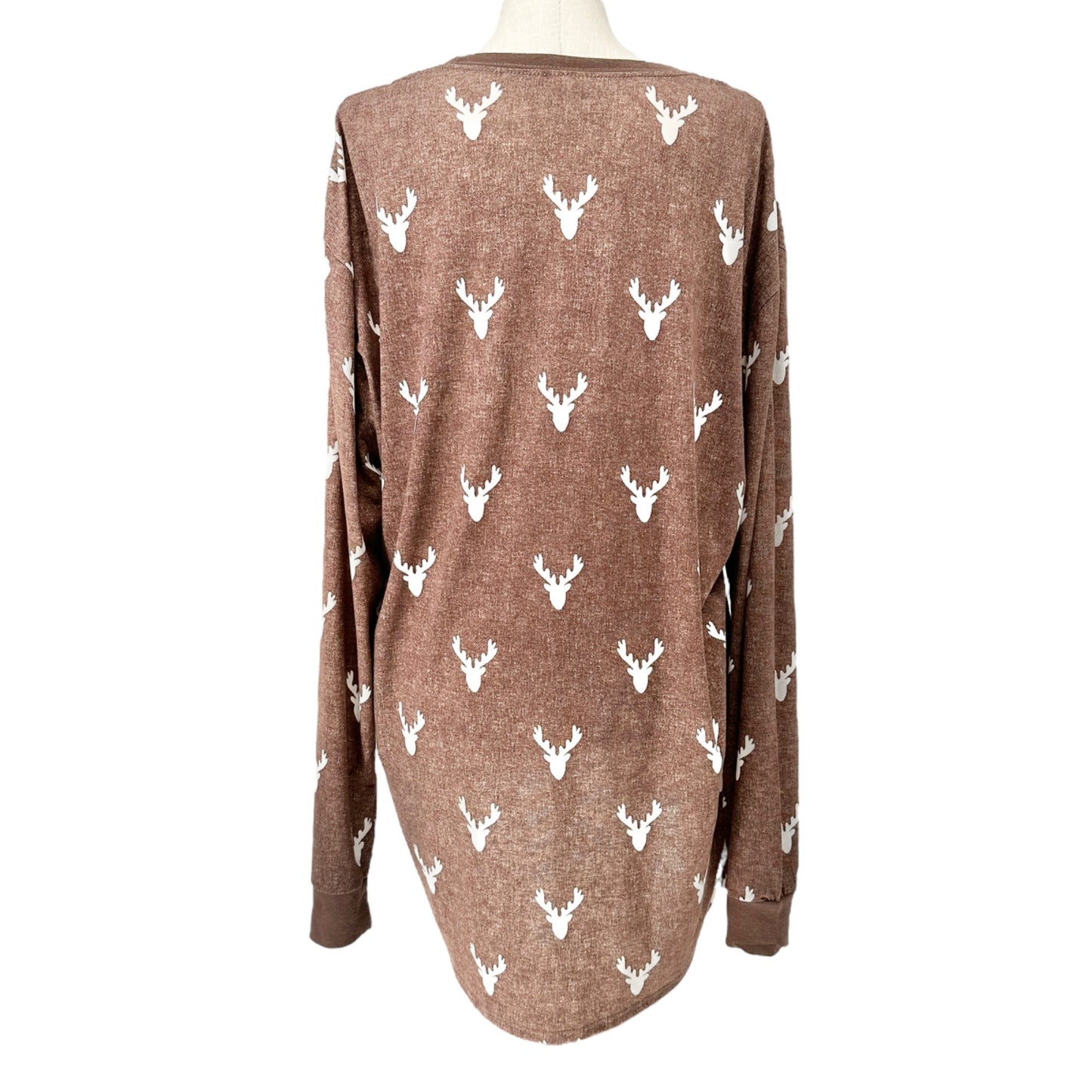 LuLaRoe Top Unisex Hudson 3XL Brown White Deer Heads LS Crew Neck Hi Low Hem EUC