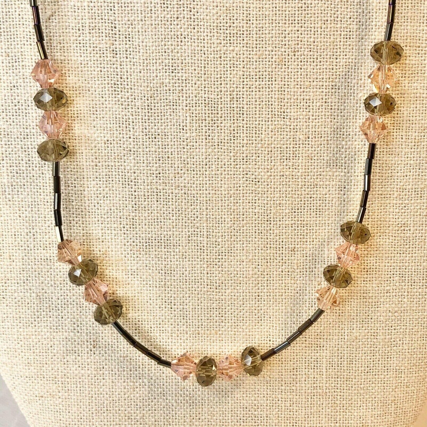 Handcrafted Beaded Necklace Brown & Pink Crystal Beads Simple Long Jewelry NEW
