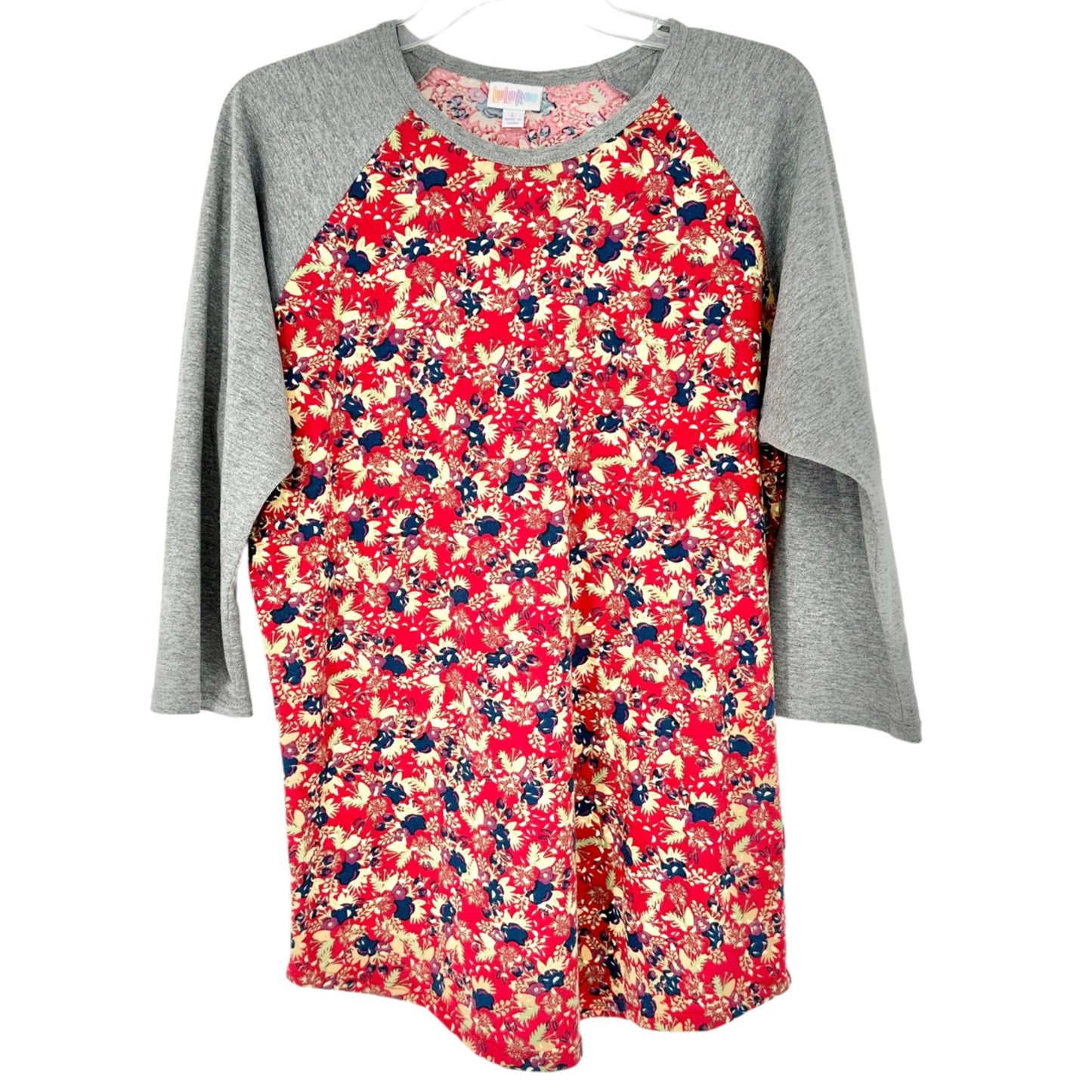 LuLaRoe Randy Top Womens L Raglan Sleeve Floral Red Blue Gray Yellow