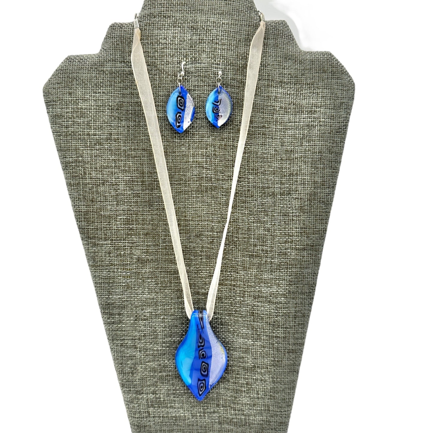 Handcrafted Fused Glass Necklace Earrings Set Blue Abstract Design Sheer Ribbon