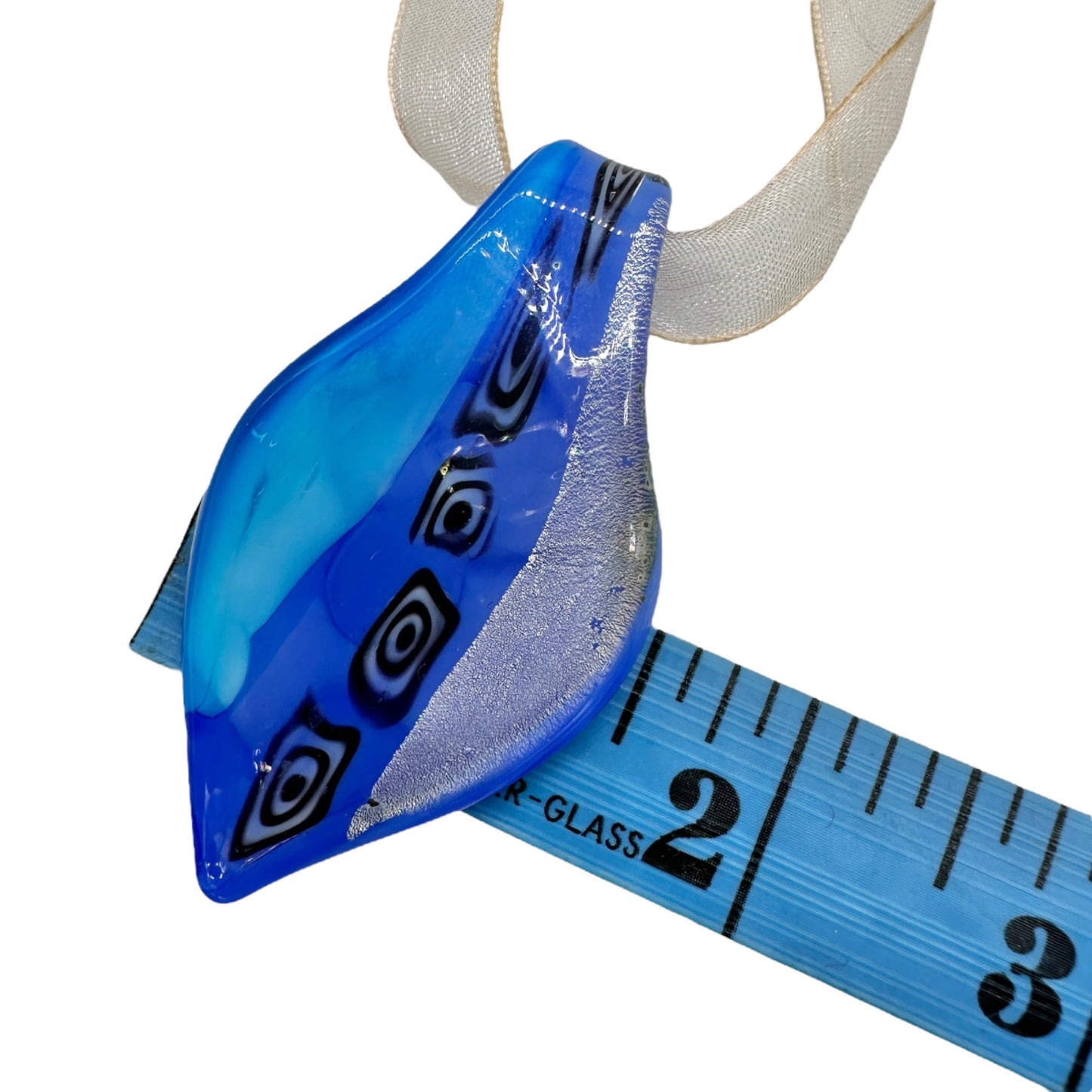 Handcrafted Fused Glass Necklace Earrings Set Blue Abstract Design Sheer Ribbon