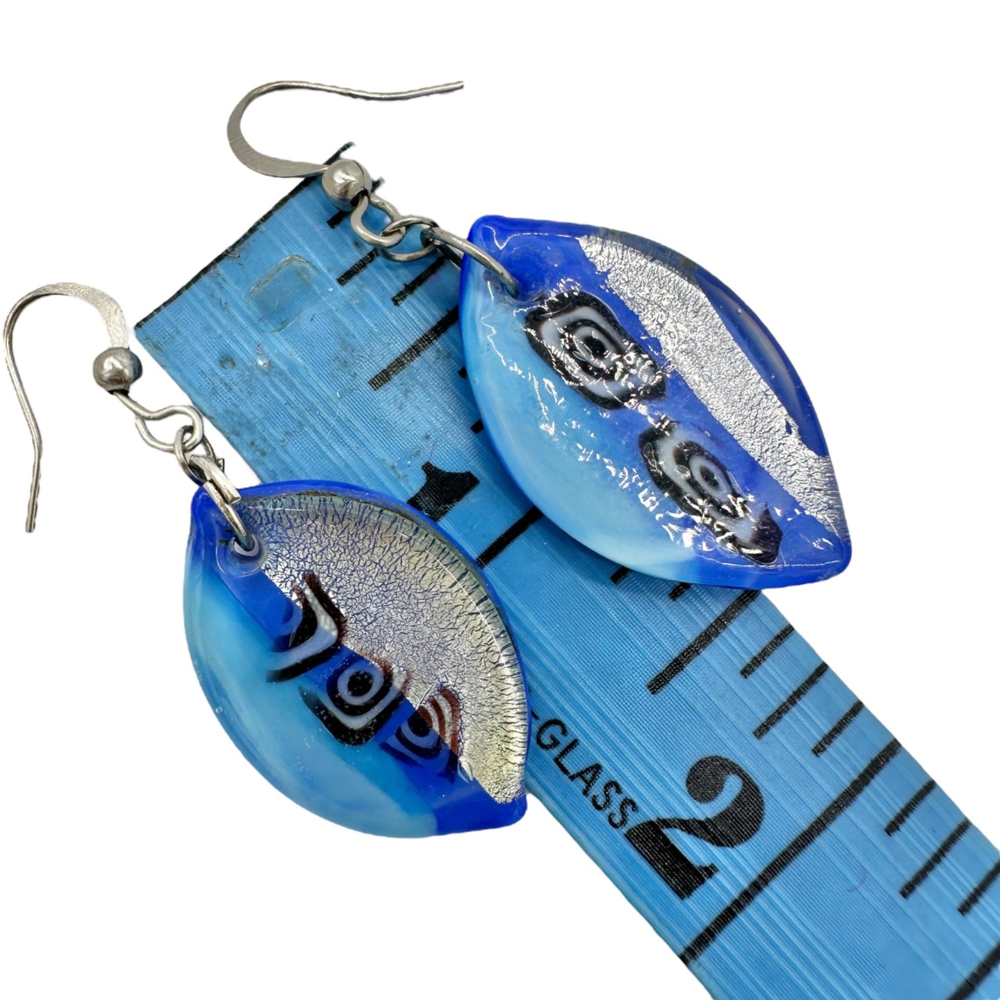 Handcrafted Fused Glass Necklace Earrings Set Blue Abstract Design Sheer Ribbon