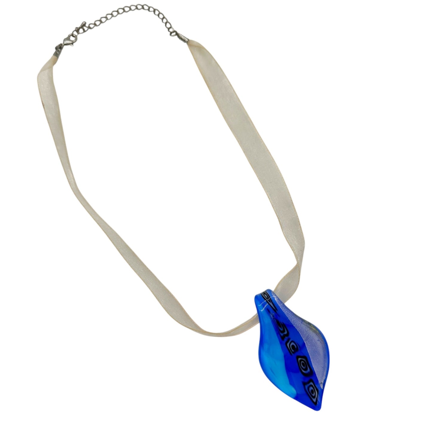 Handcrafted Fused Glass Necklace Earrings Set Blue Abstract Design Sheer Ribbon