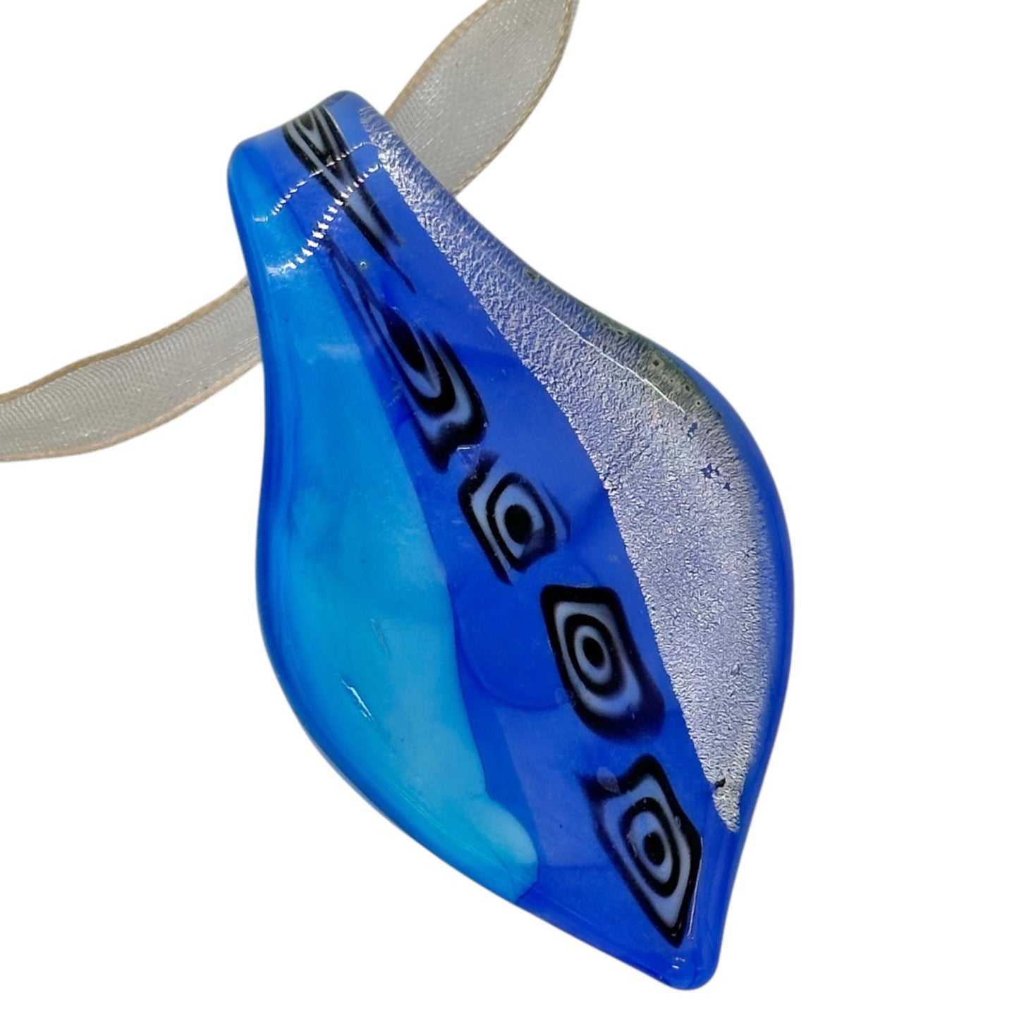 Handcrafted Fused Glass Necklace Earrings Set Blue Abstract Design Sheer Ribbon