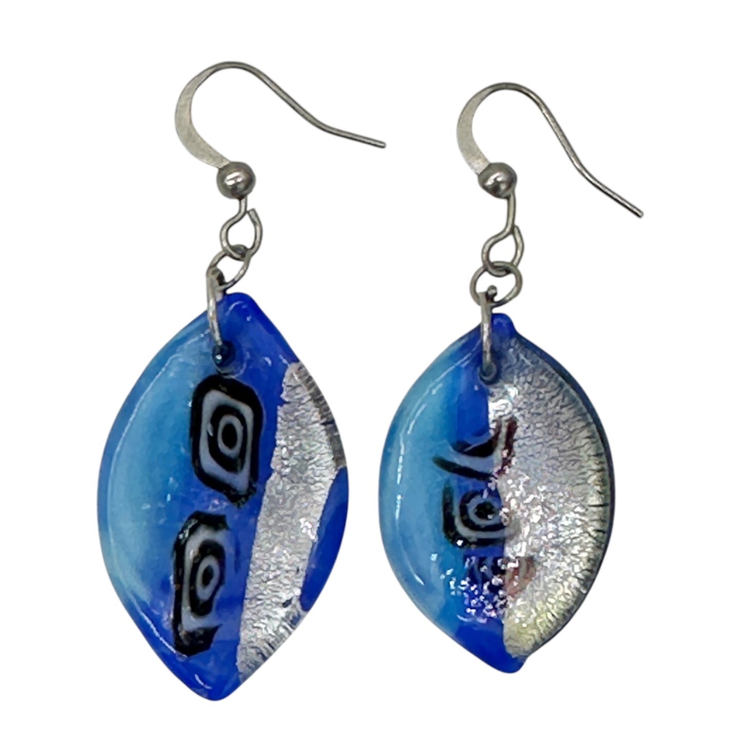 Handcrafted Fused Glass Necklace Earrings Set Blue Abstract Design Sheer Ribbon