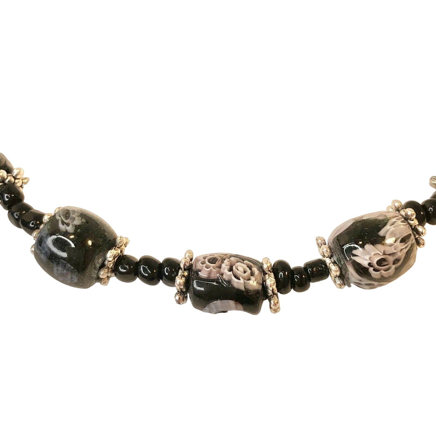 Handcrafted Beaded Necklace Black Floral Beads Elegant Simple Beauty Jewelry NEW