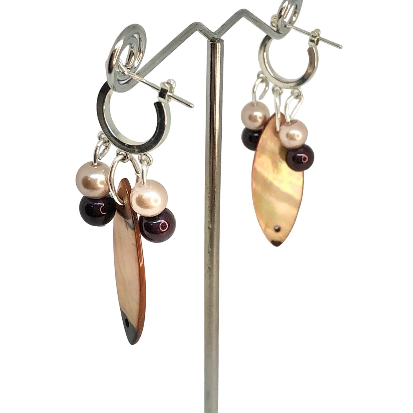 Handcrafted Beaded Earrings Clear Variegated Brown Oblong Glass Beads Unique NEW