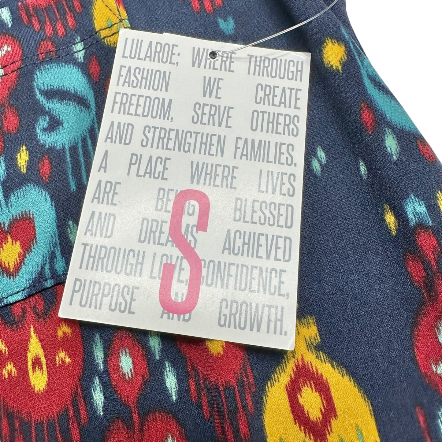 LuLaRoe Retired Carly Dress S Navy Blue Multicolor Graphic SS Hi-Low Hem NWT