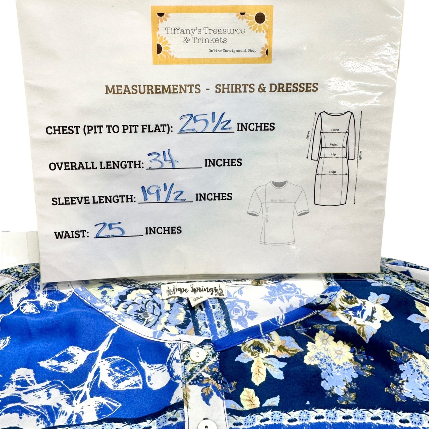 Hope Springs Tunic Top Womens 2XL Blue White Floral 3/4 Sleeve Side Slits EUC