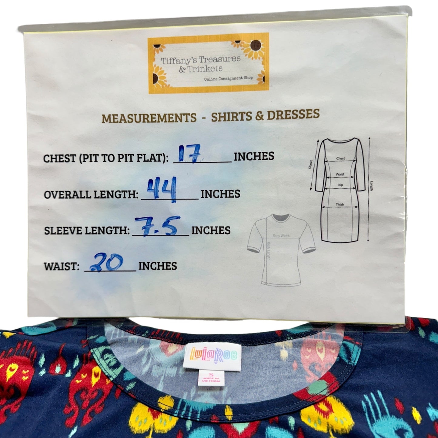 LuLaRoe Retired Carly Dress S Navy Blue Multicolor Graphic SS Hi-Low Hem NWT