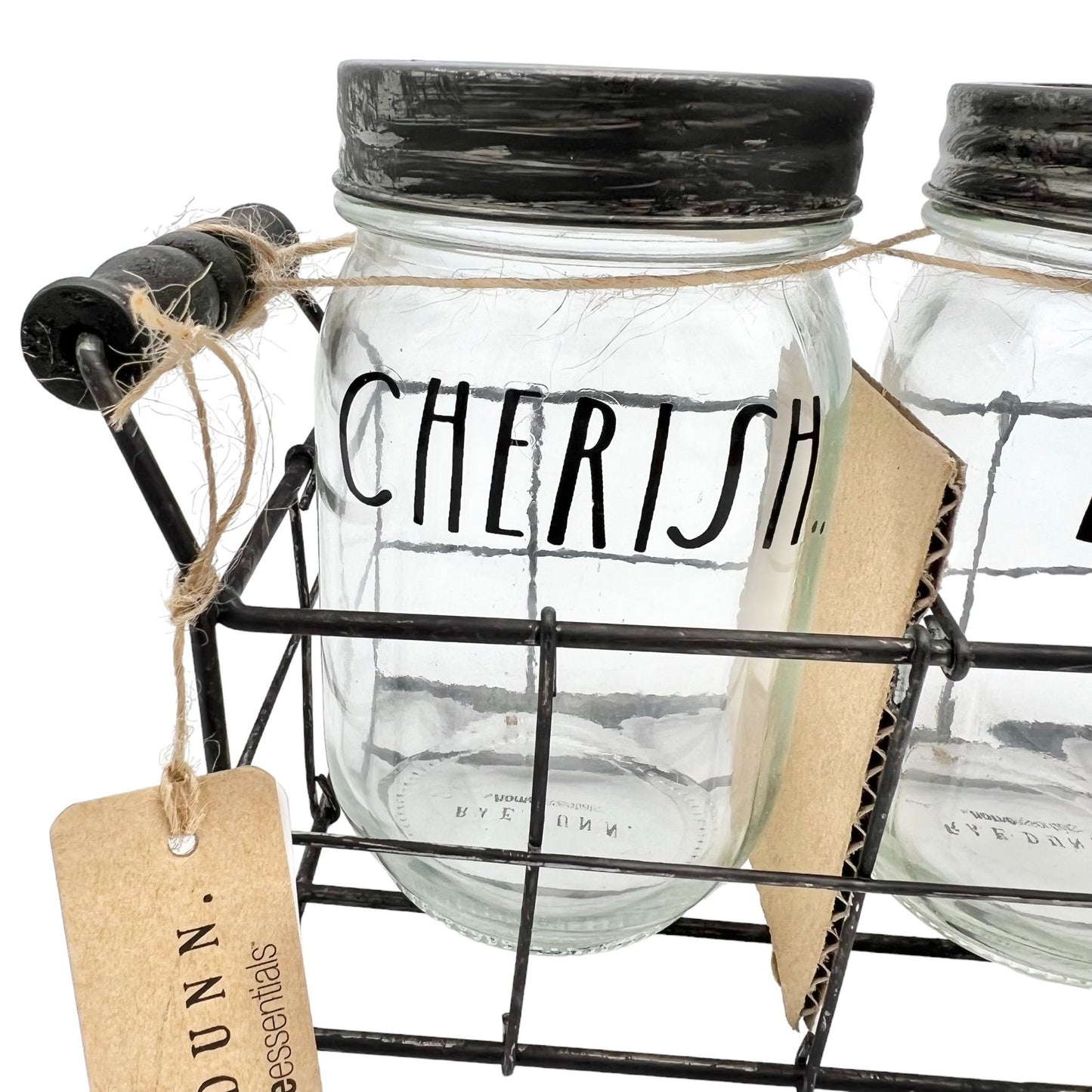 Rae Dunn Home Essentials 3 Glass Jars in Wire Basket Set CHERISH LOVE BLESSED