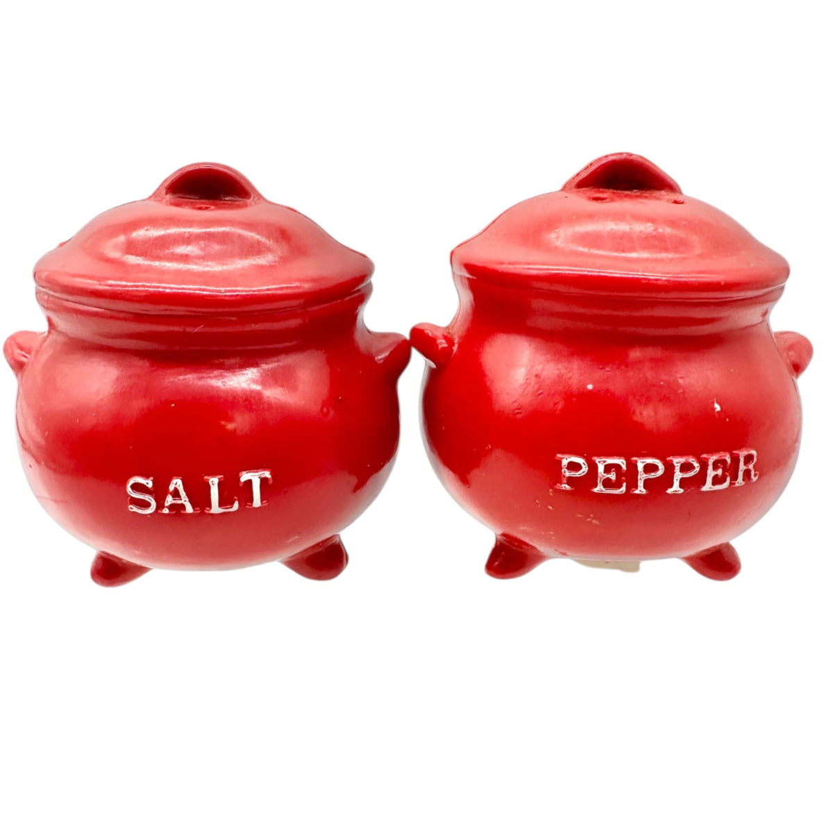 Vintage Pot Shaped Salt and Pepper Shakers Red Plastic with Rubber Stoppers 3x3