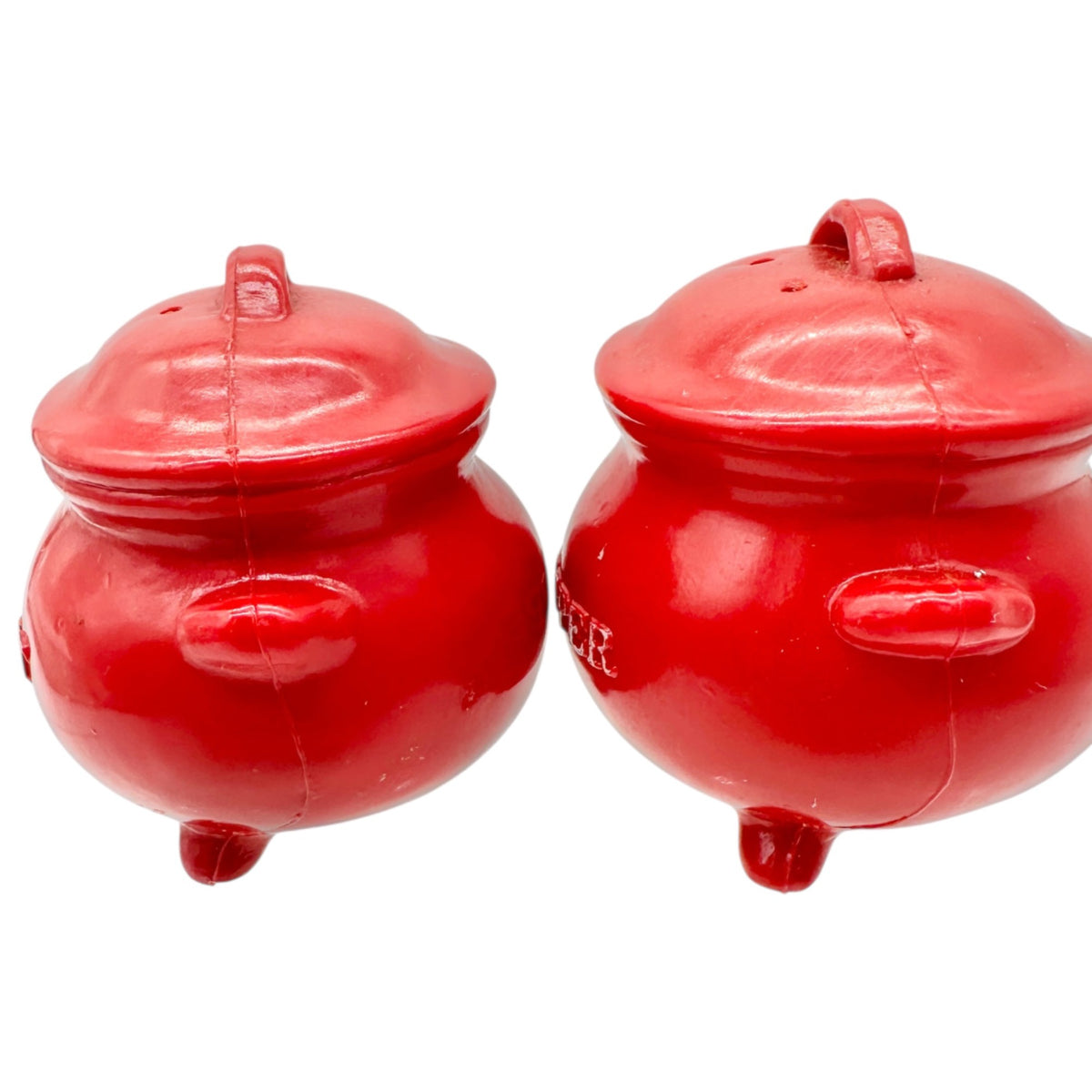 Vintage Pot Shaped Salt and Pepper Shakers Red Plastic with Rubber Stoppers 3x3