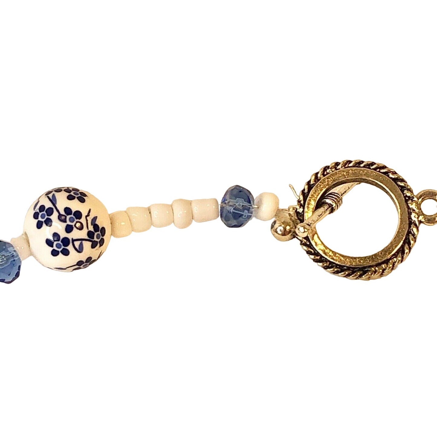 Handcrafted Beaded Necklace White & Blue Beads Floral Glass Ceramic Jewelry NEW