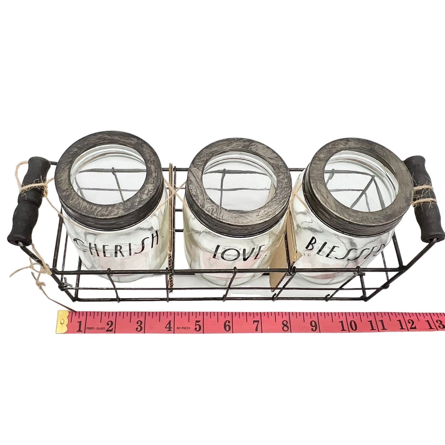 Rae Dunn Home Essentials 3 Glass Jars in Wire Basket Set CHERISH LOVE BLESSED