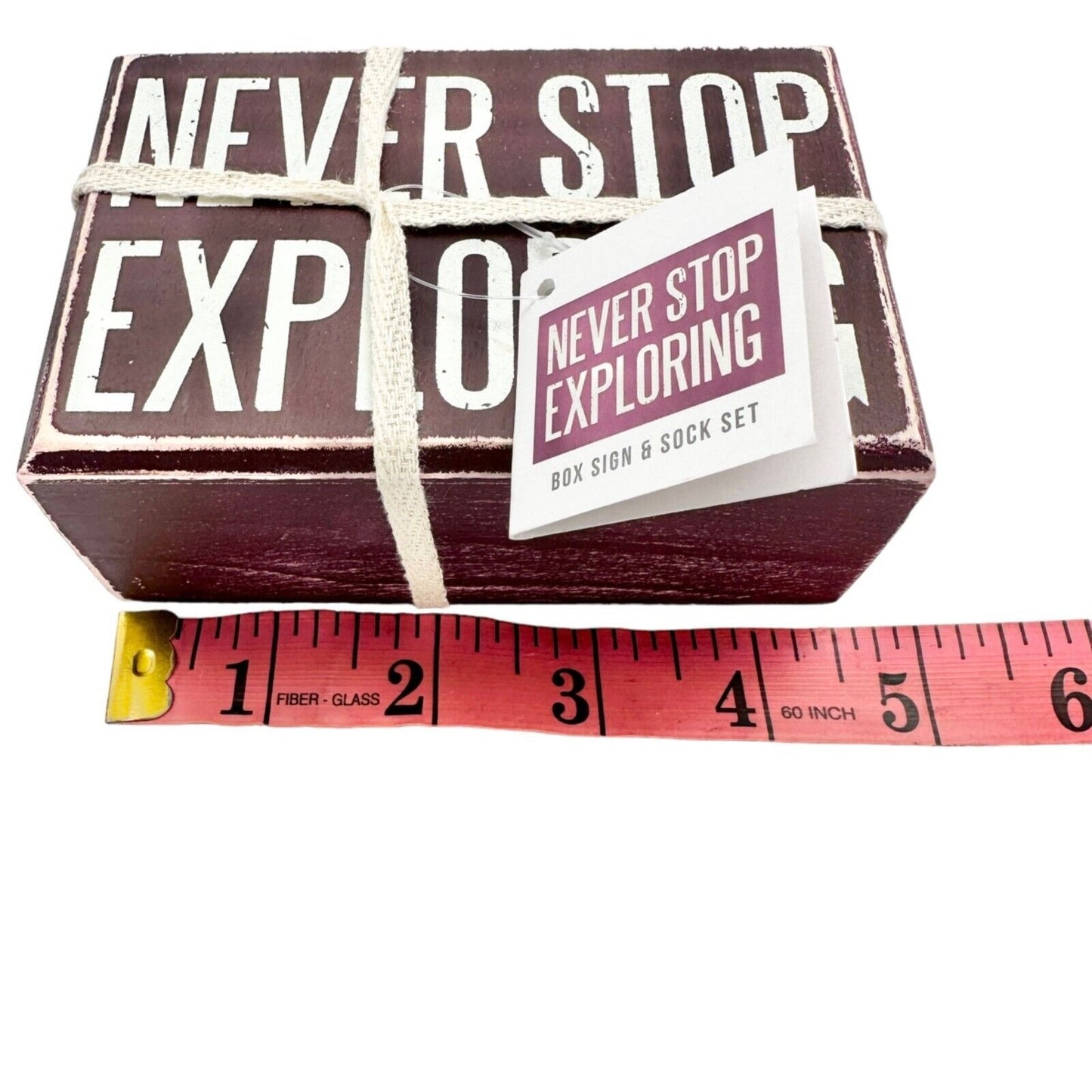 Primitives by Kathy 'Never Stop Exploring' Box Sign & Orange Socks Set NWT