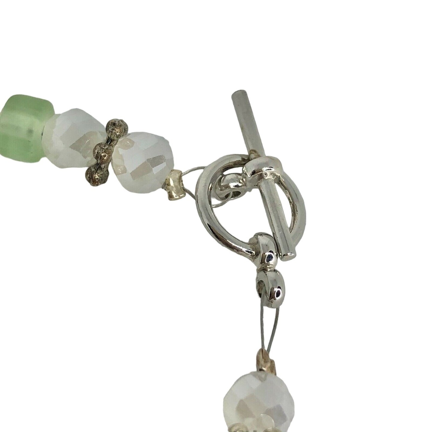 Handcrafted Bracelet White & Green Beads Silver Toggle Clasp Beads Spring NEW