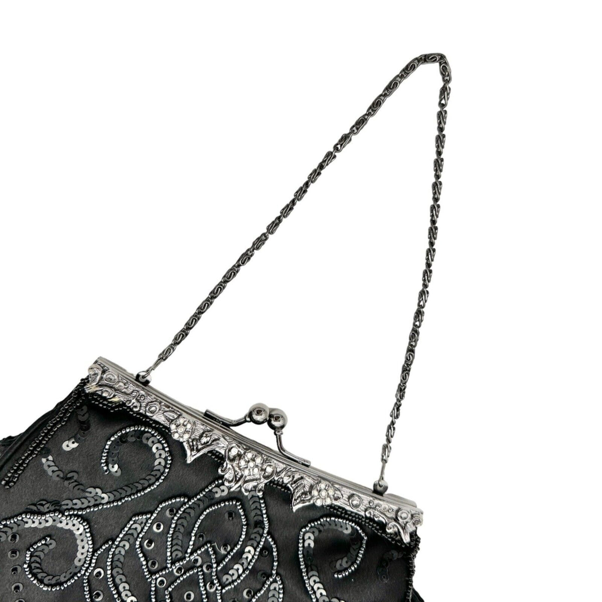 Elegant Evening Clutch Black Sequined and Beaded Silvertone Hardware EUC