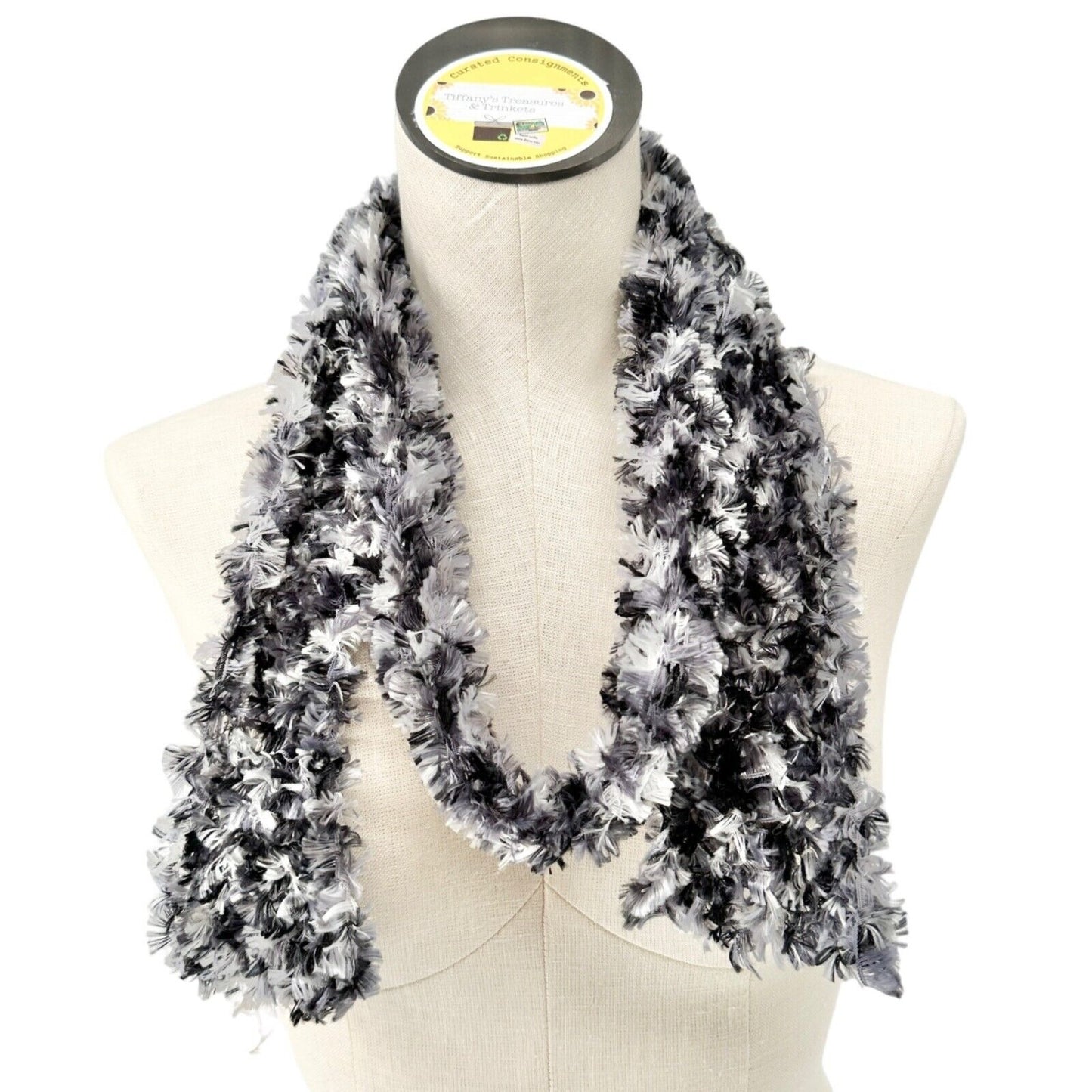 Scarf 67x4 inch Knit Black White Gray Boa Style