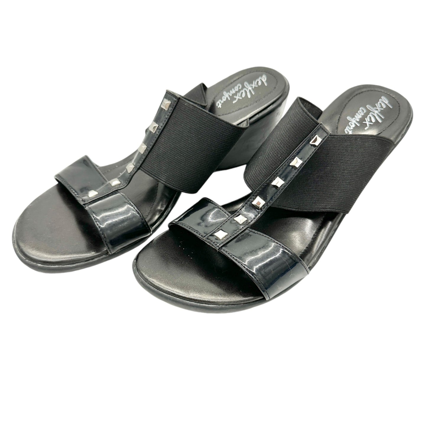 Dexflex Comfort Sandals Size 9 Black 2.5 inch Wedge Heels Studded Straps Slip On