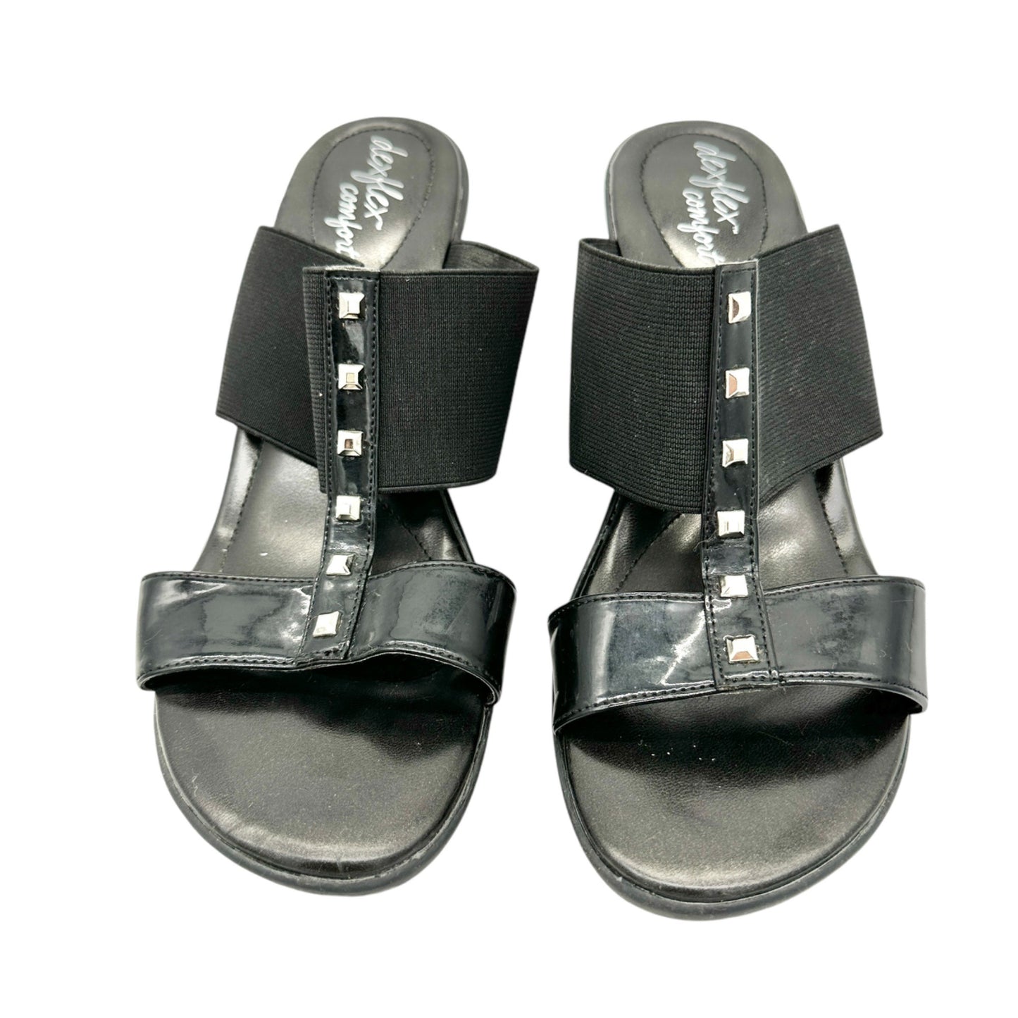 Dexflex Comfort Sandals Size 9 Black 2.5 inch Wedge Heels Studded Straps Slip On