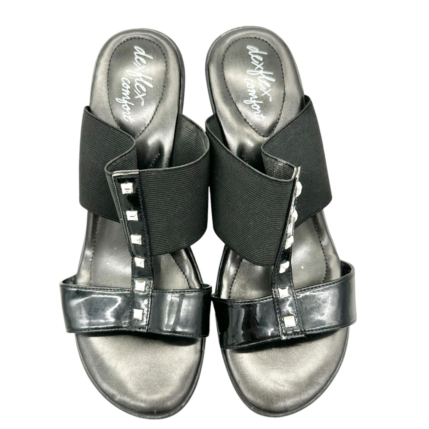 Dexflex Comfort Sandals Size 9 Black 2.5 inch Wedge Heels Studded Straps Slip On