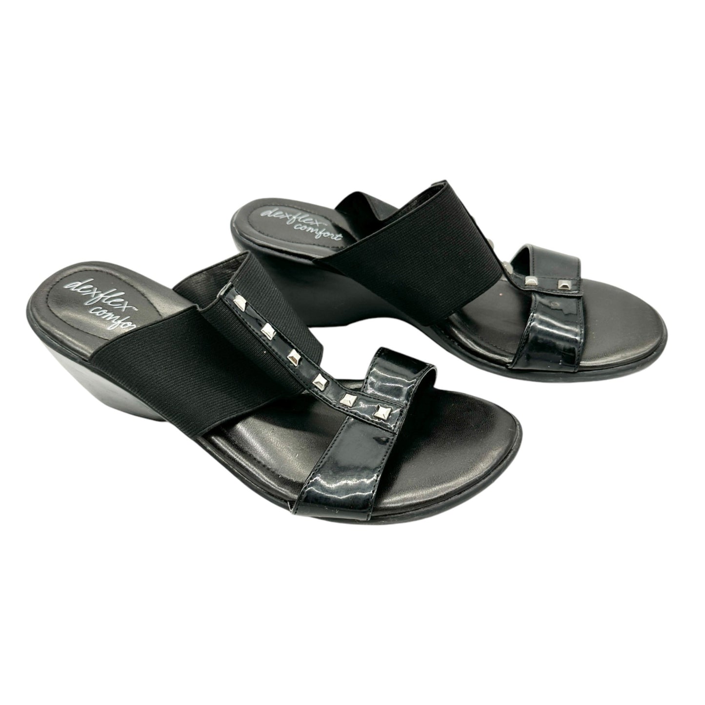 Dexflex Comfort Sandals Size 9 Black 2.5 inch Wedge Heels Studded Straps Slip On