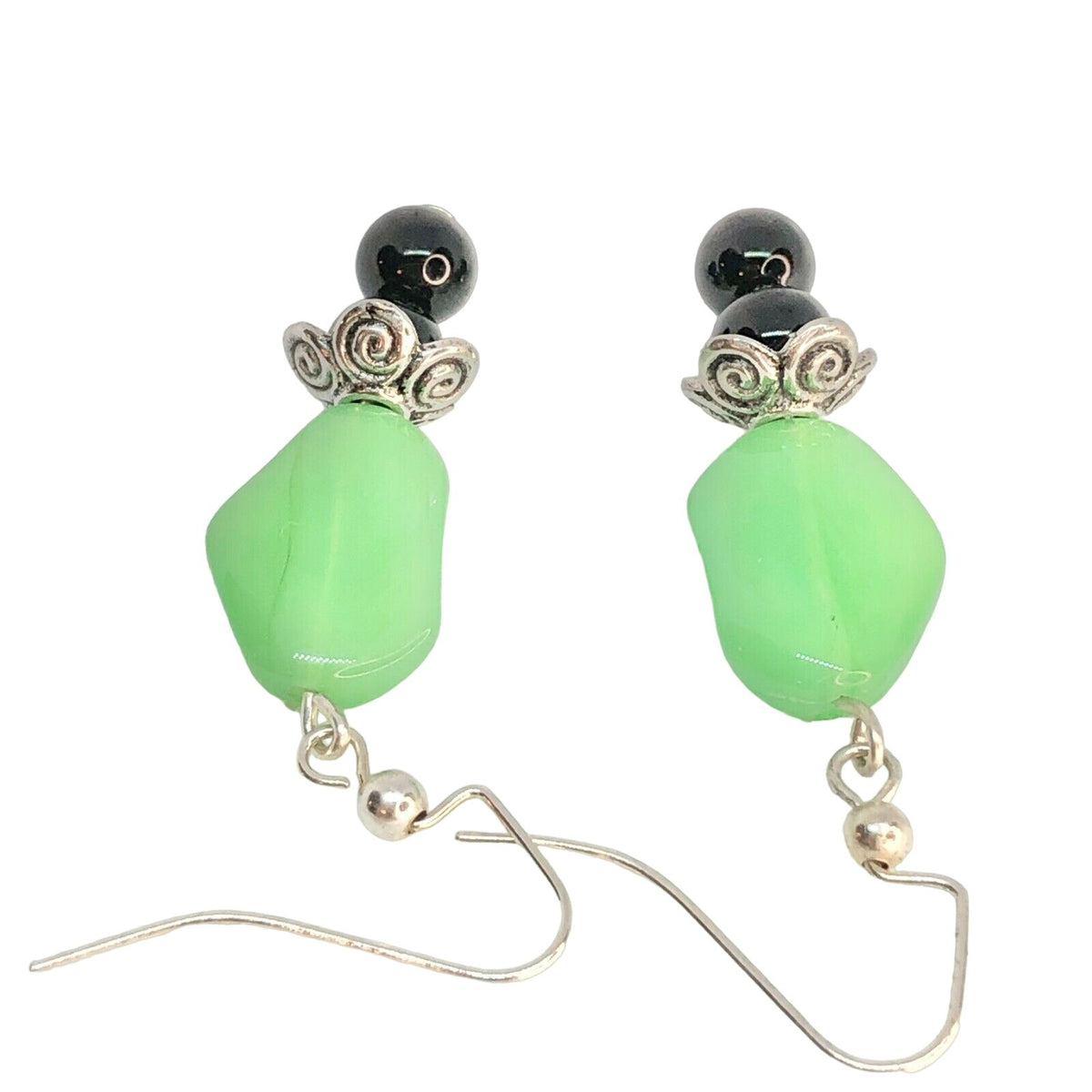 Handcrafted Green And Black Beaded Dangle Earrings With Silver-Tone Accents