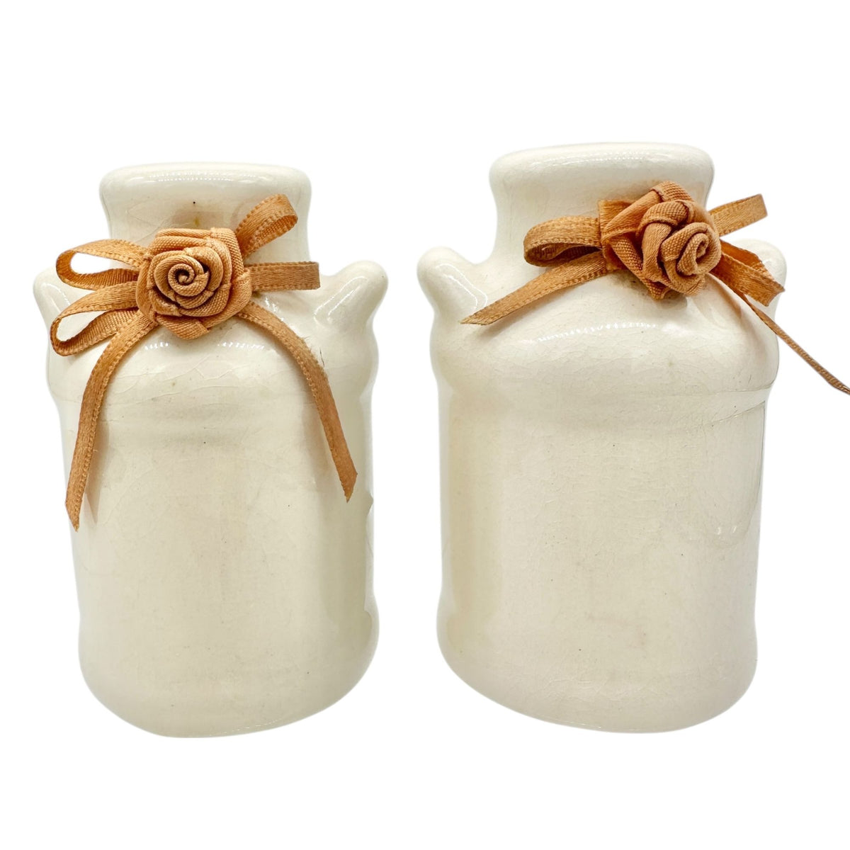 Vintage Ceramic Salt and Pepper Shakers Ribbon Rose Design Creamy Glaze Finish