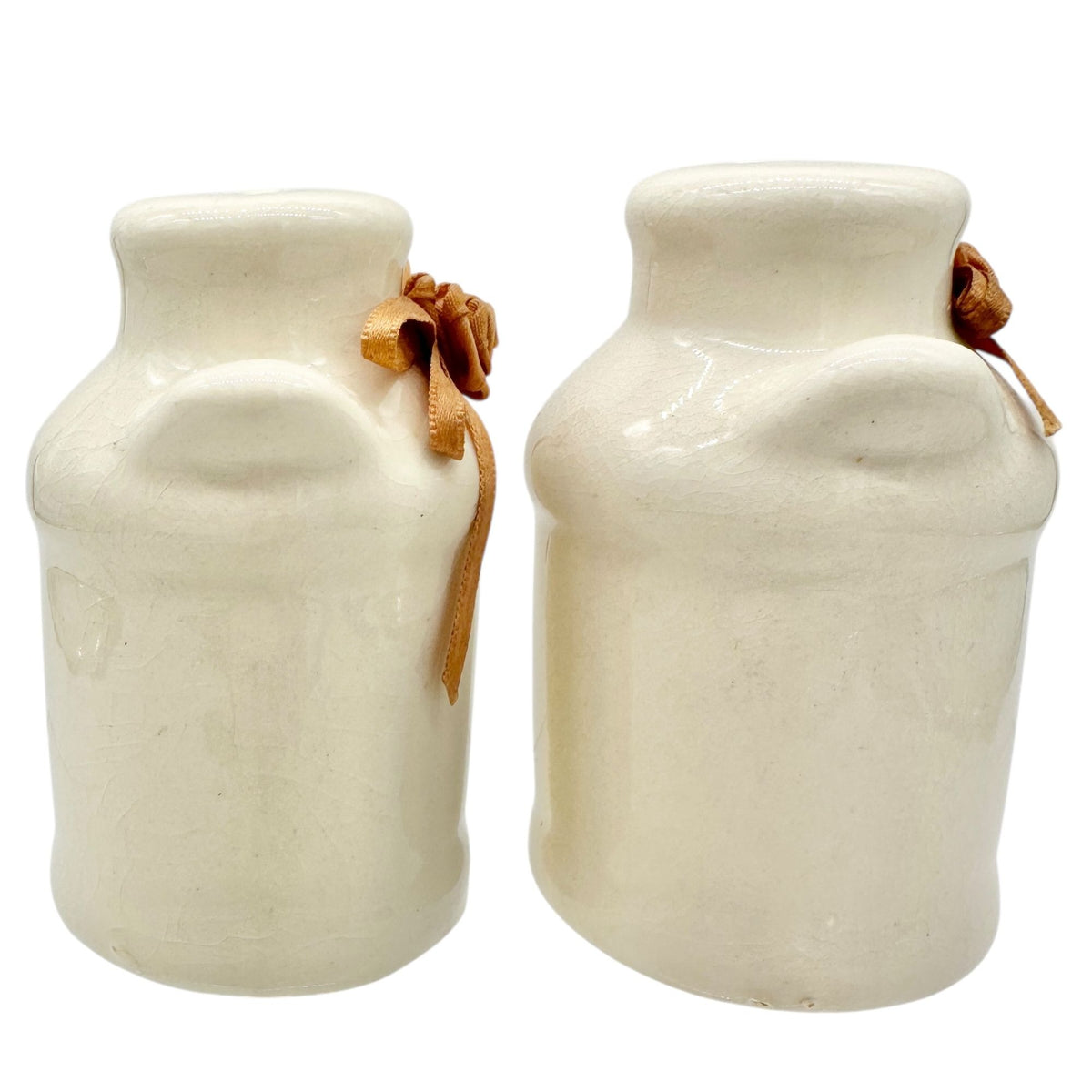 Vintage Ceramic Salt and Pepper Shakers Ribbon Rose Design Creamy Glaze Finish